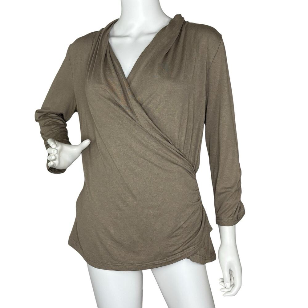 Peter Hahn Women’s V Shirt Top 3/4 Sleeve Surplice Taupe Size US L UK 16